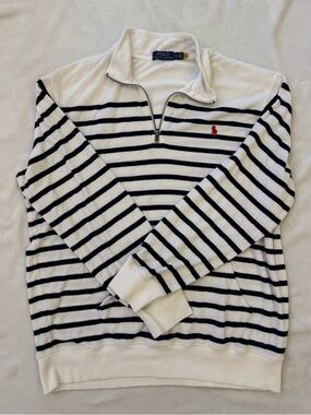 Polo Ralph Lauren White and Navy Striped Terry Quarter-Zip Sweater